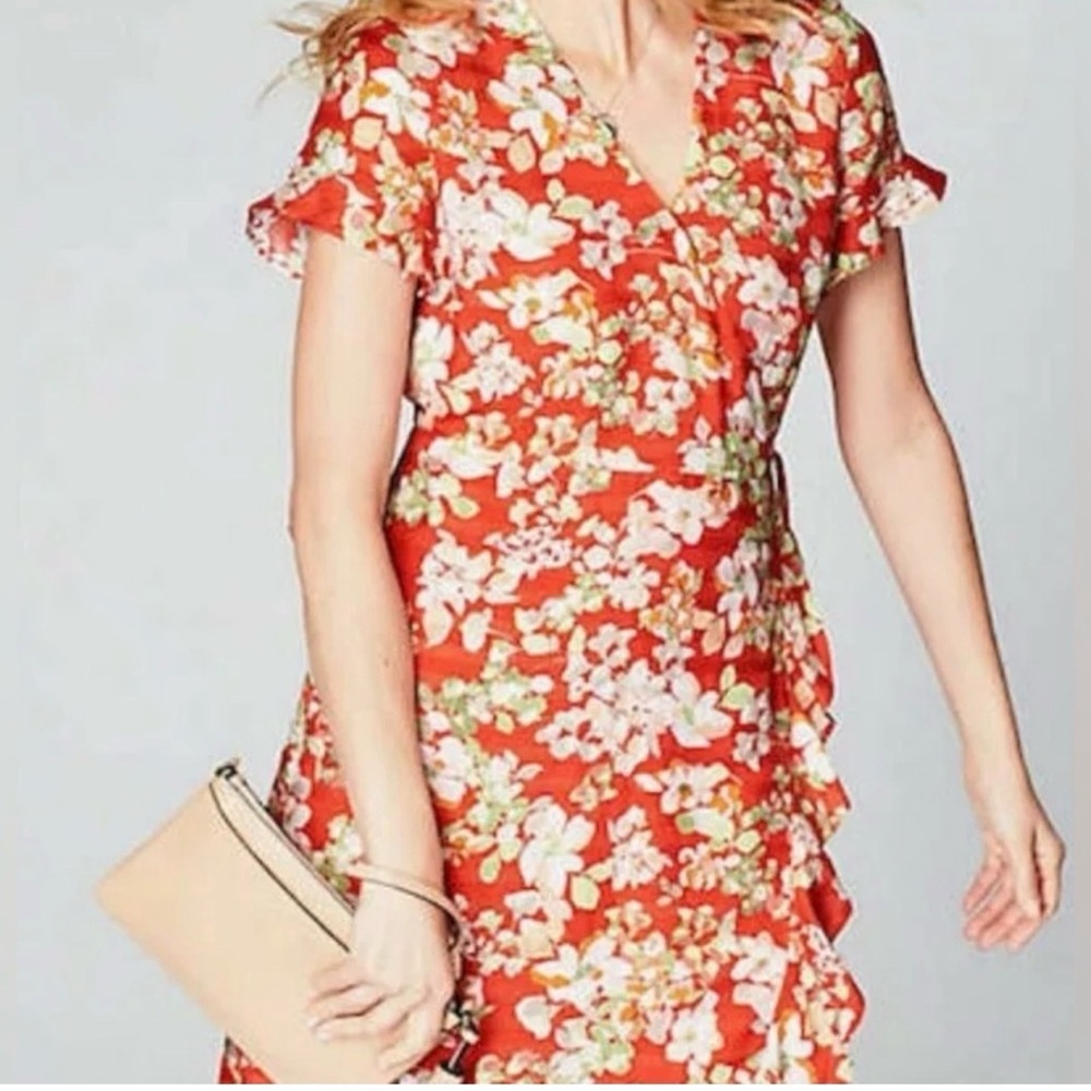 J. JILL Floral Short Sleeve True Wrap Dress in Papaya Red Rayon Size Large - Picture 2 of 16